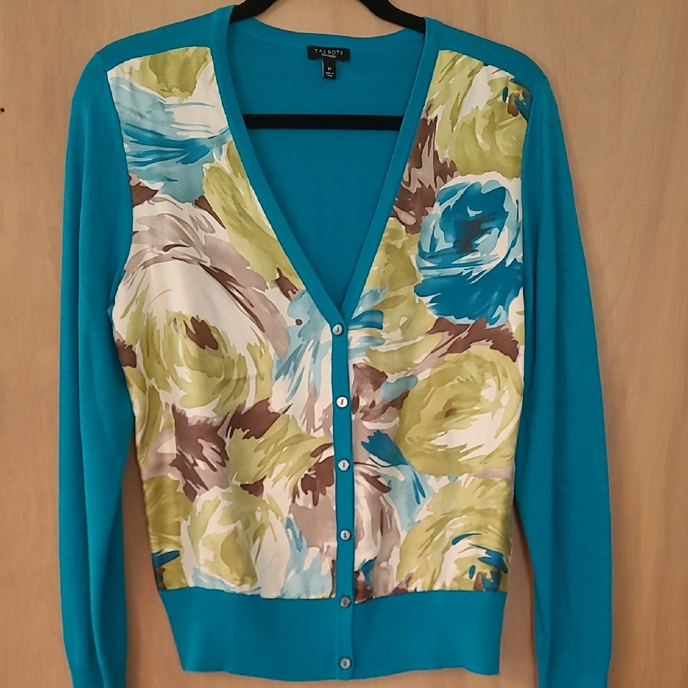 Talbots Floral Cardigan - Teal and Multicolor